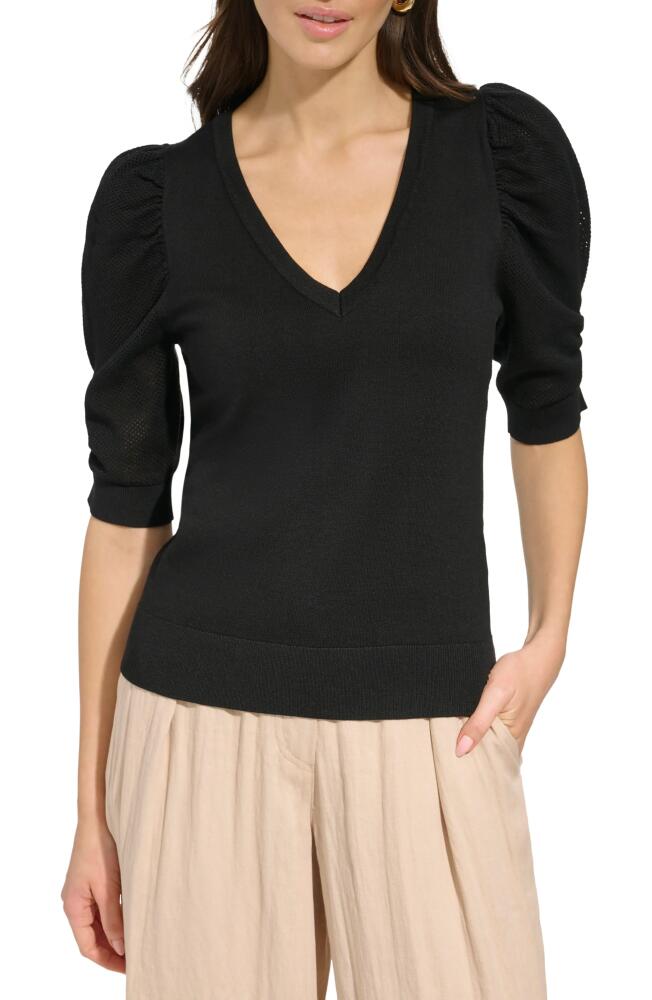 DKNY Puff Sleeve V-Neck Sweater in Black Cover