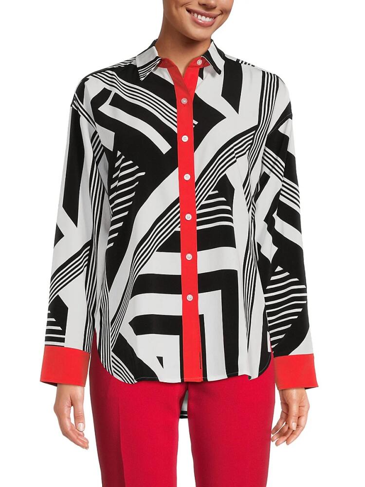 Karl Lagerfeld Paris Women's Geometric Print High Low Shirt - Soft White Black Cover