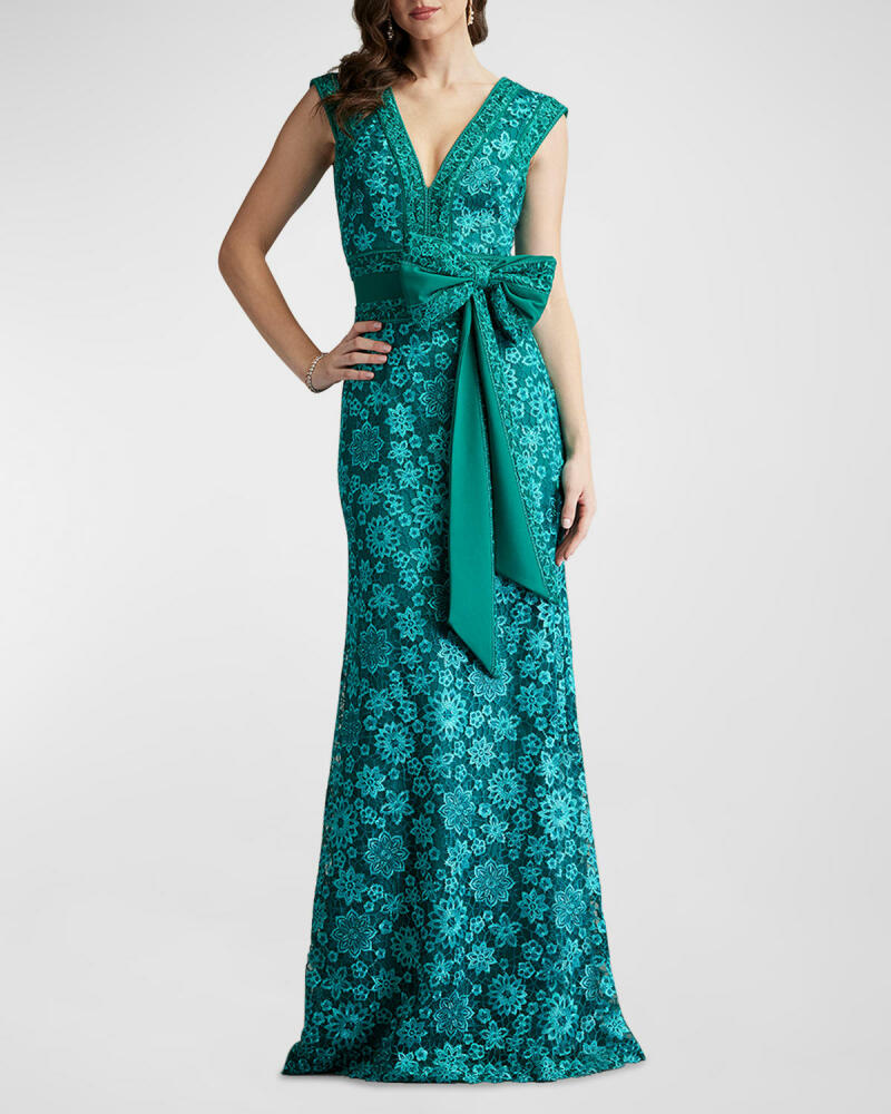 Tadashi Shoji Sleeveless Bow-Front Floral Lace Gown Cover