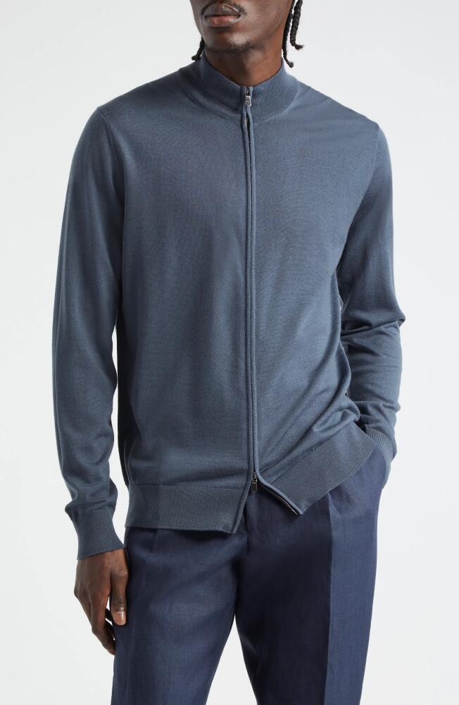 Thom Sweeney Mock Neck Zip Cardigan in Slate Blue Cover