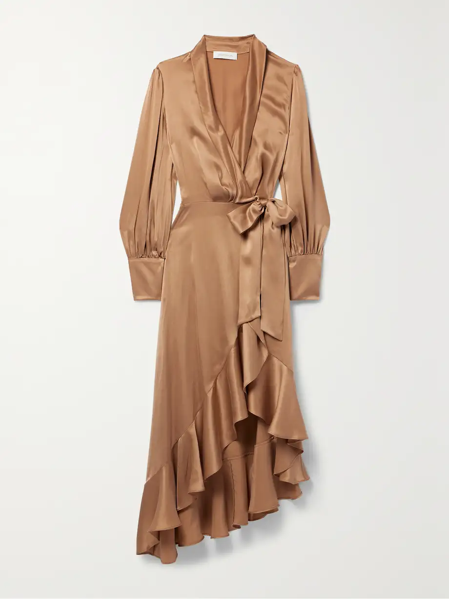 Zimmermann - Asymmetric Silk-satin Midi Wrap Dress - Neutrals Cover