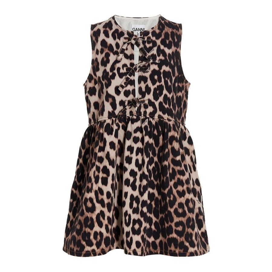 Ganni Ladies Big Leopard Almond Milk Tieband Mini Dress Cover