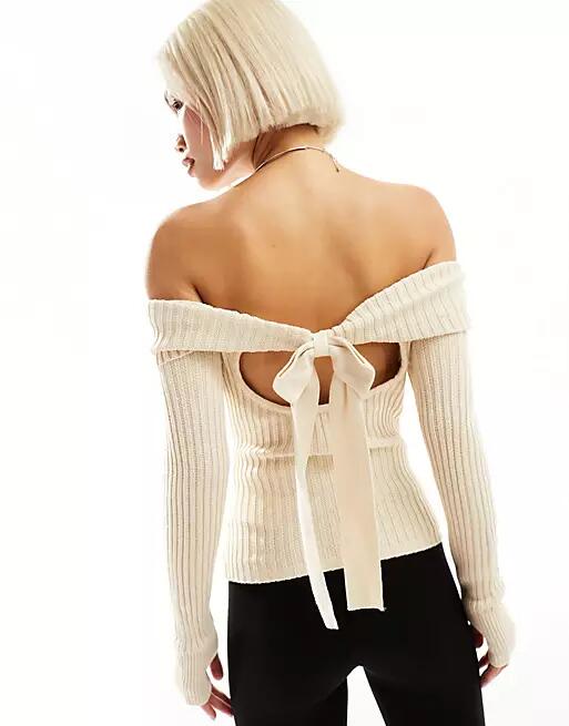 Motel bow-back off shoulder sweater in cream-White Cover