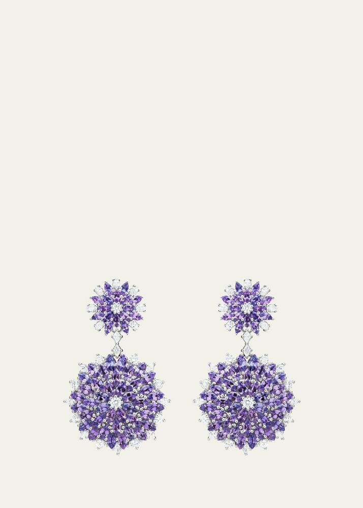 Paul Morelli 18K White Gold Dahlia Double Dangle Earrings with Diamonds and Purple Sapphires Cover