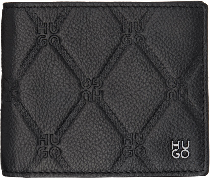 Hugo Black Leather Stacked Logo Chain Pattern Wallet Cover