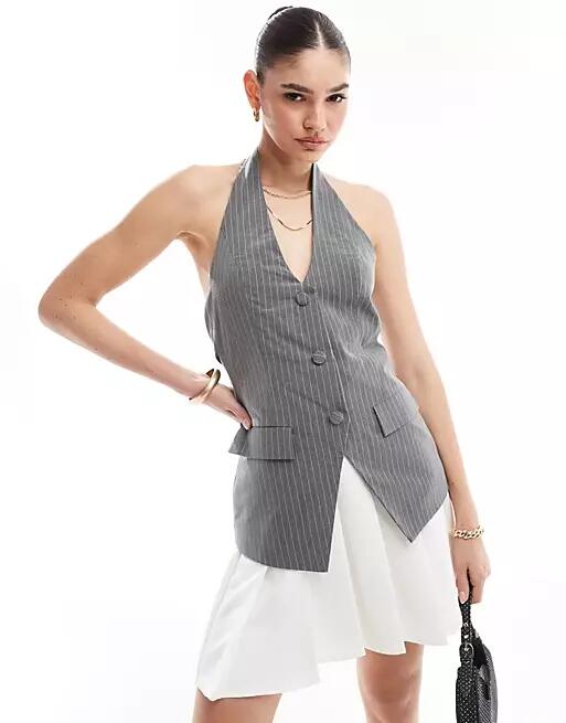 Extro & Vert 2 in 1 vest tailored pleat mini dress in gray pinstripe Cover