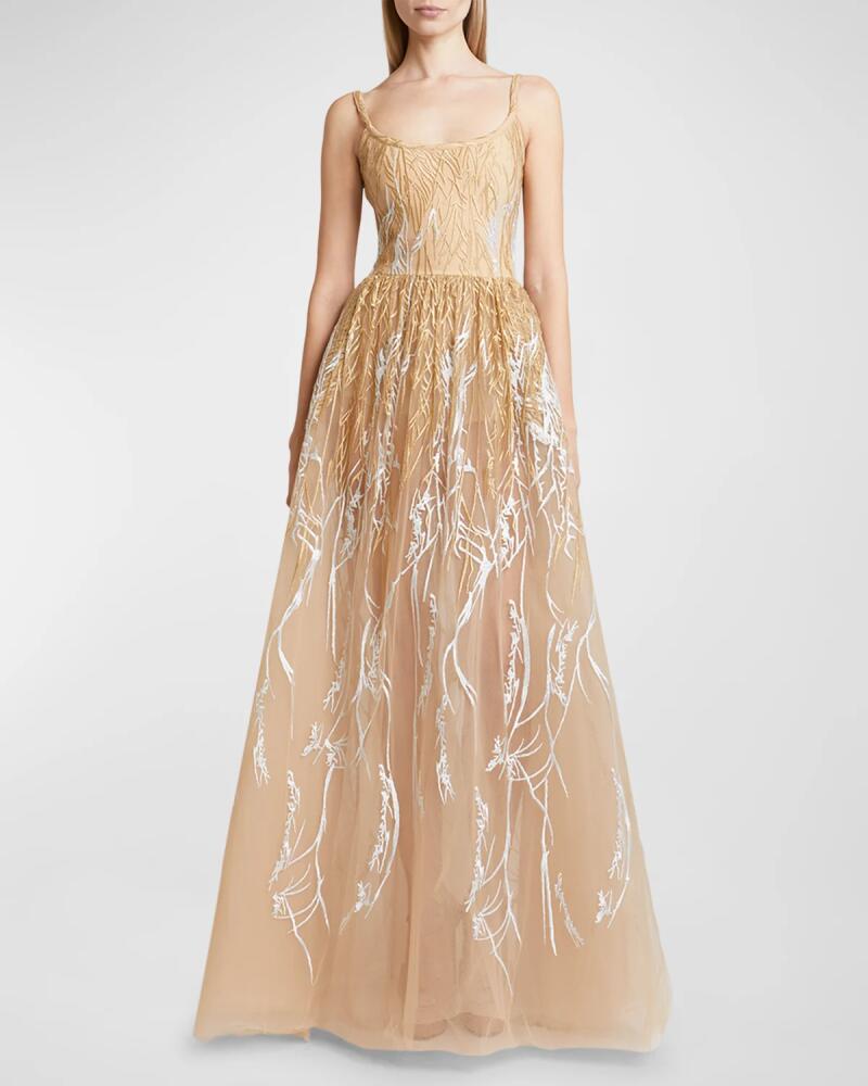 Elie Saab Scoop-Neck Embroidered Tulle Gown Cover