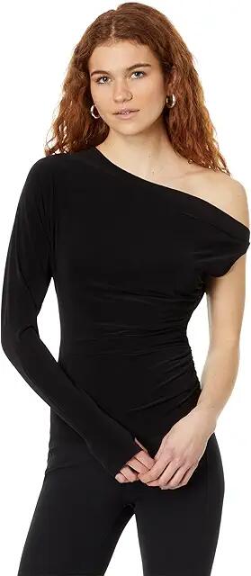 Norma Kamali One Sleeve Drop Shoulder Side Drape Top (Black) Women's Clothing Cover