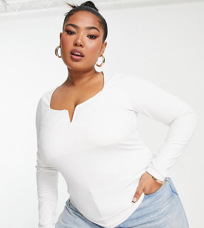 New Look Curve notch neck long sleeve top in white Cover