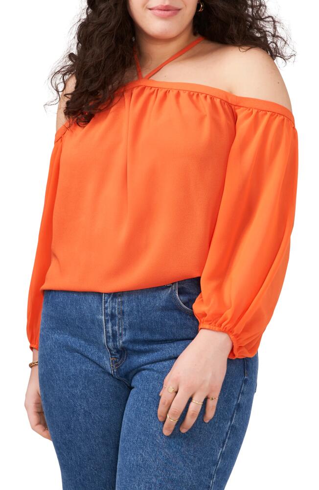 1.STATE Off the Shoulder Sheer Chiffon Blouse in Tigerlily Cover