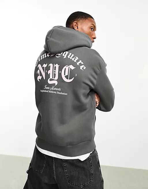 Bershka NYC printed hoodie in charcoal-Gray Cover