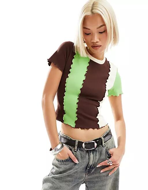 Urban Revivo spliced detail T-shirt in multi-Green Cover