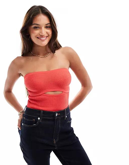 Bershka rib knit cut-out front bodysuit in red Cover