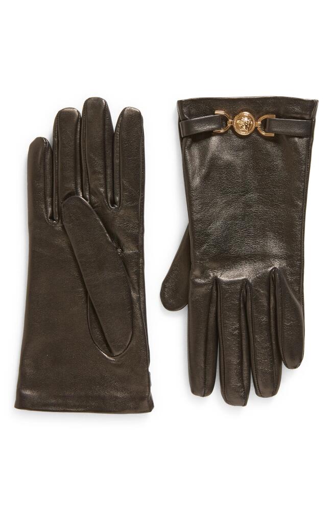 Versace La Medusa Silk Lined Leather Gloves in Black/Gold Cover