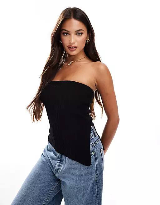 Bershka knit longline bandeau top in black Cover