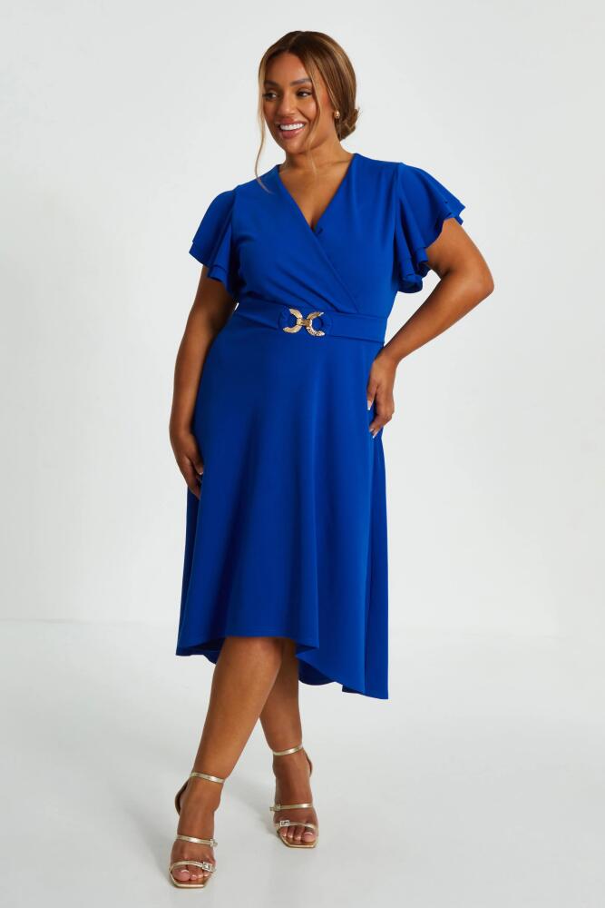 QUIZ Plus Size Buckle Dip Hem Dress in Blue Cover