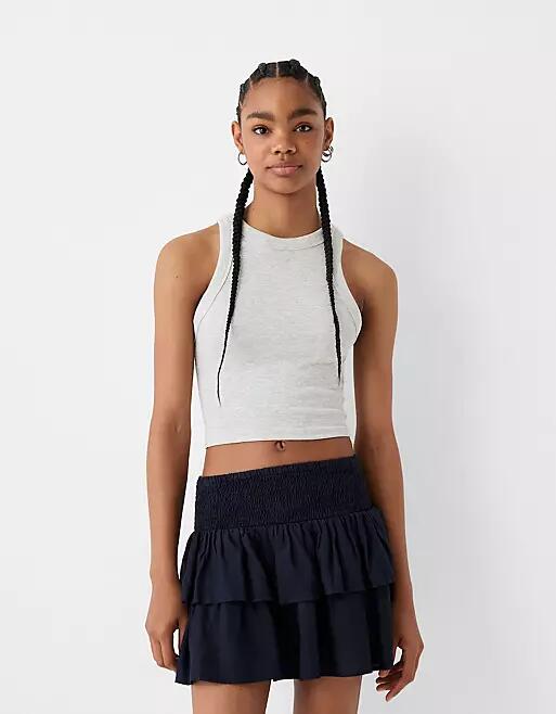 Bershka shirred waist rara mini skirt in navy-Blue Cover