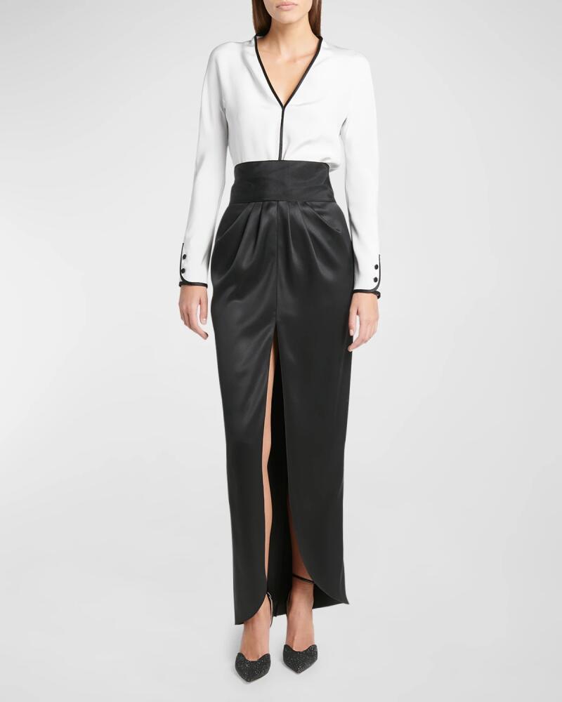 Giorgio Armani Bicolor Tuxedo Silk Column Gown with Sash Cover