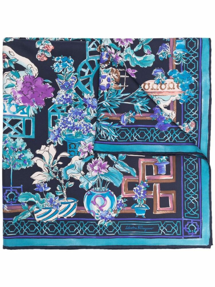 Ferragamo floral-print silk foulard scarf - Blue Cover