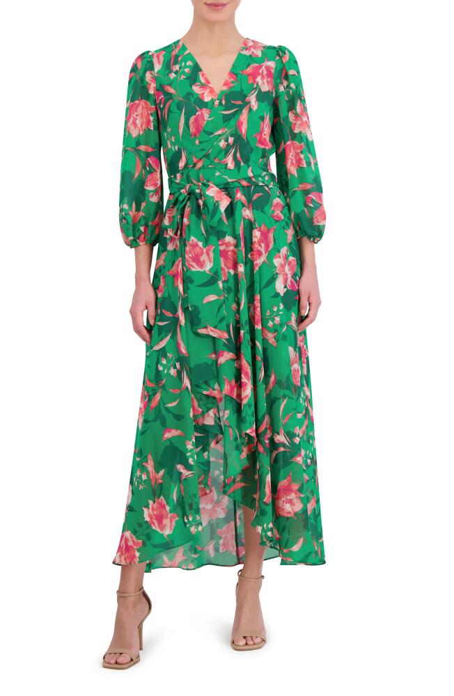 Eliza J Floral Balloon Sleeve Faux Wrap Midi Dress in Green Cover