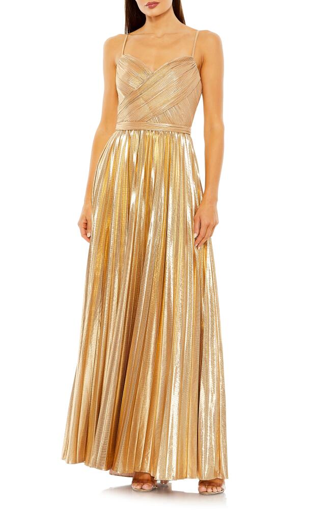 Ieena for Mac Duggal Metallic Pleated Gown in Gold Cover