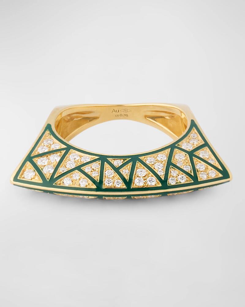 Dries Criel 18K Yellow Gold White Diamond and Green Enamel Lotus Ring with Cross Pattern Cover