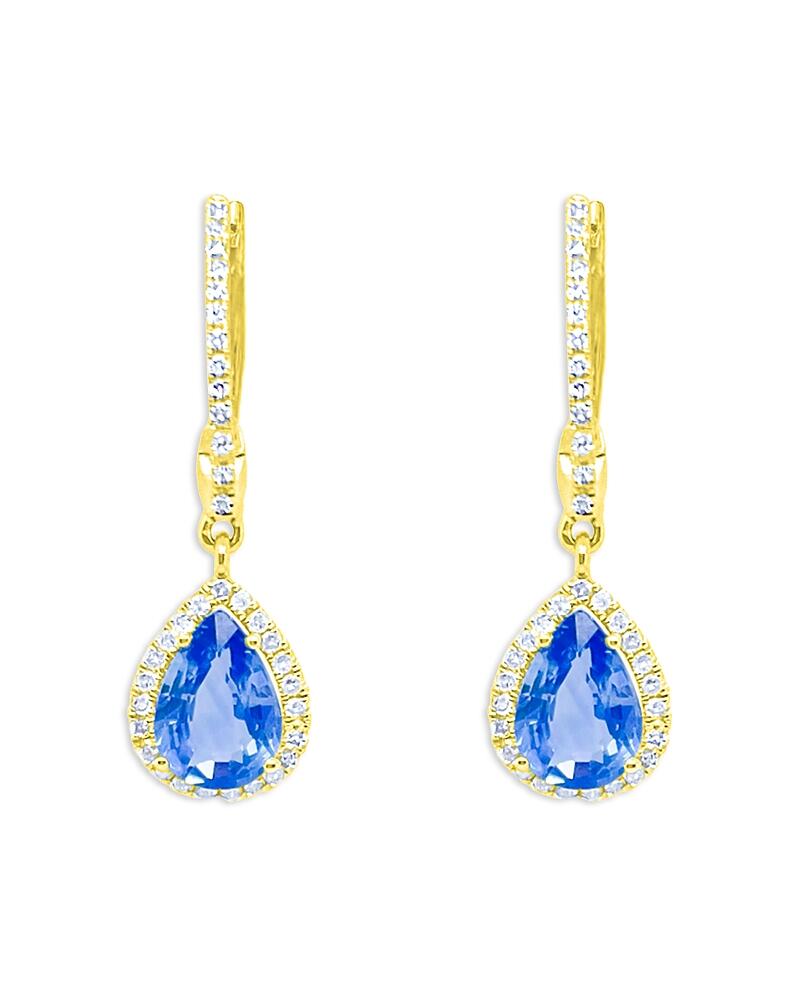 Meira T 14K Yellow Gold Blue Sapphire & Diamond Halo Dangle Huggie Hoop Earrings Cover