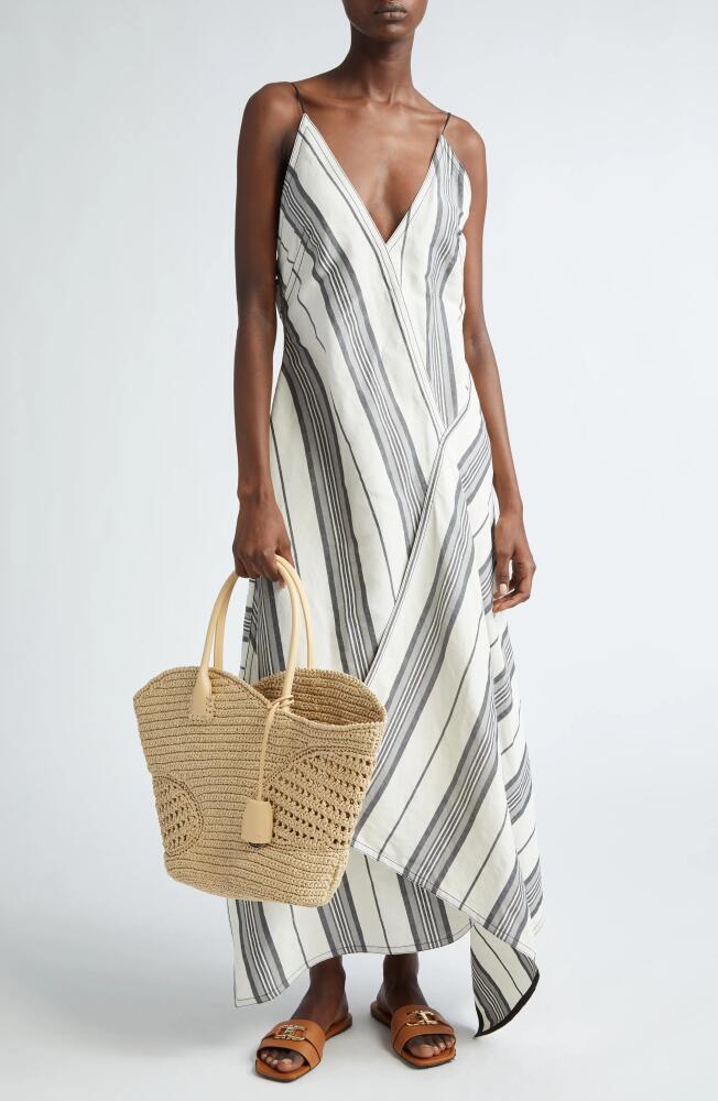 FERRAGAMO Stripe Asymmetric Midi Dress in Ecru/Nero/Ash Grey Cover