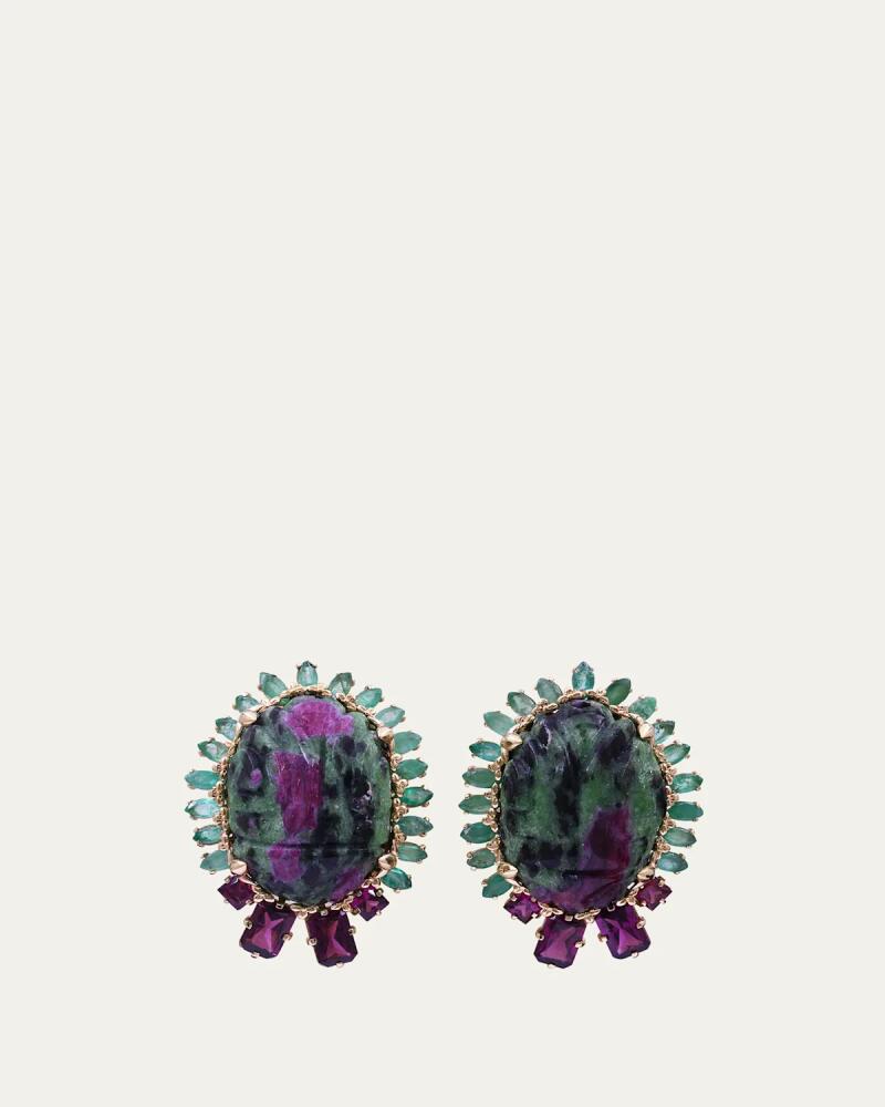 Stephen Dweck 18K Rose Gold Hand Carved Stud Earrings in Ruby Zoisite, Emerald, And Rhodolite Garnet Cover