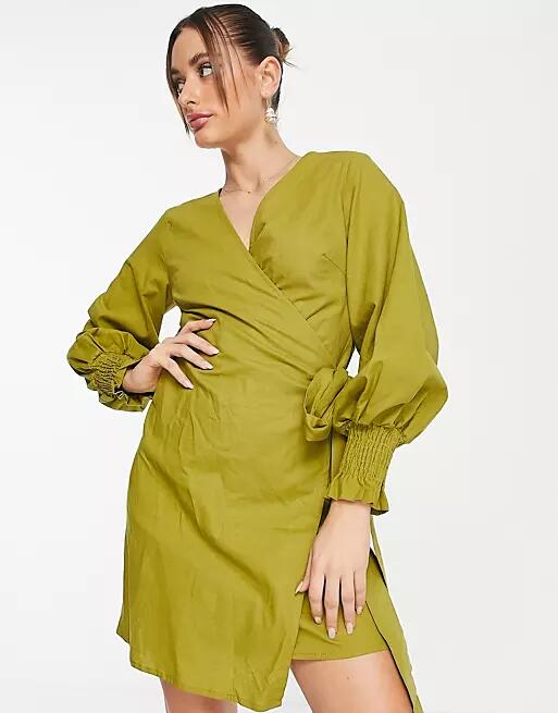 Never Fully Dressed balloon sleeve shirt mini dress in olive green Cover