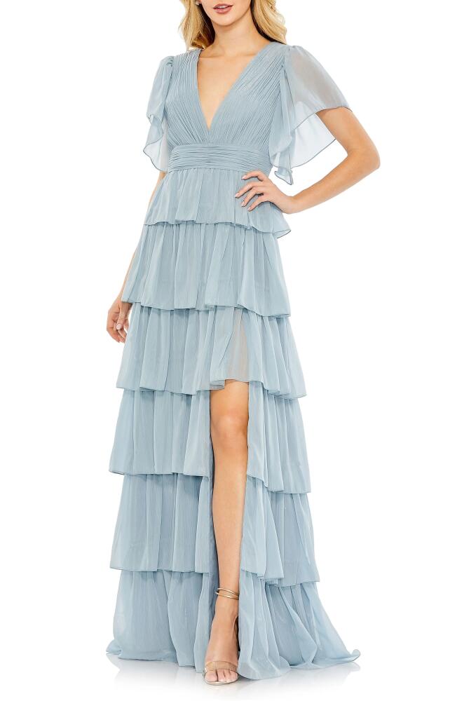 Ieena for Mac Duggal Metallic Flutter Sleeve Ruffle Tiered Gown in Slate Blue Cover