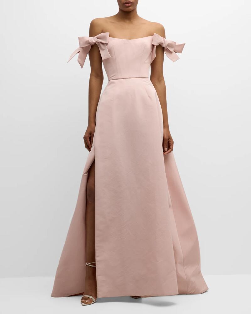 Monique Lhuillier Off-The-Shoulder Bow Slit Gown Cover