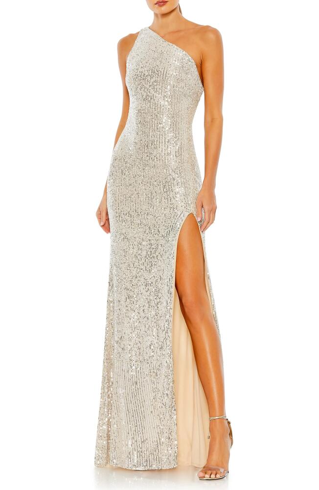 Ieena for Mac Duggal One-Shoulder Sequin Gown in Silver Cover