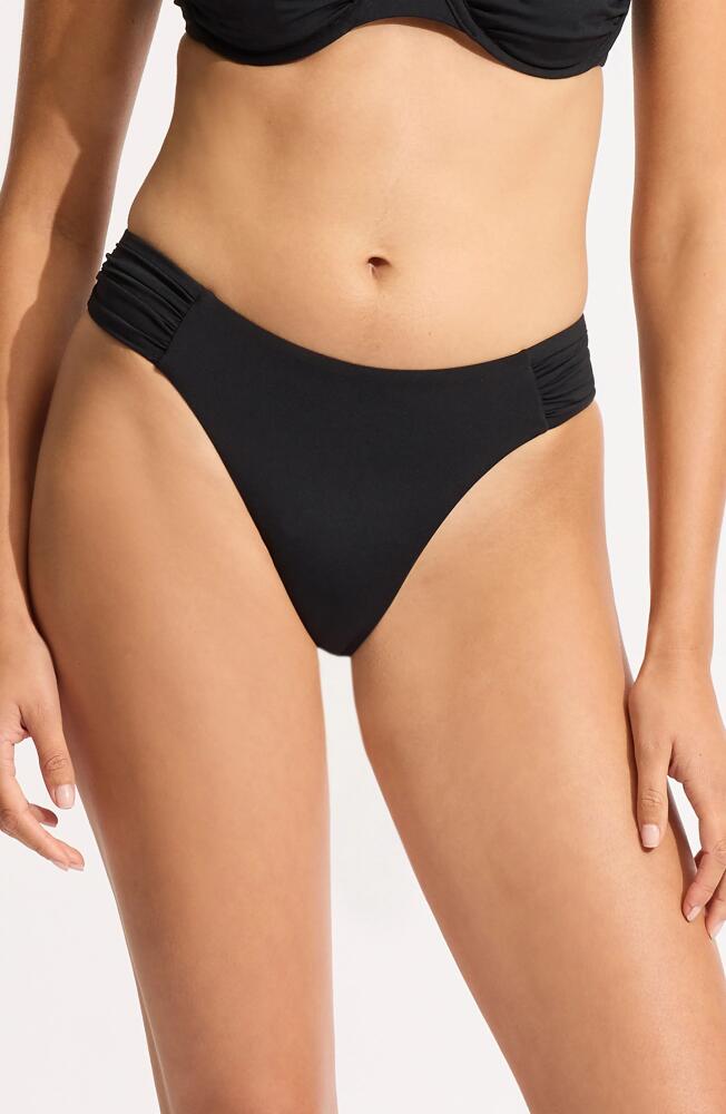 Seafolly Ruched High Cut Bikini Bottoms in Black Cover