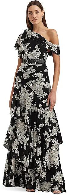 Lauren Ralph Lauren Floral Georgette One-Shoulder Gown (Black/Cream) Women's Dress Cover