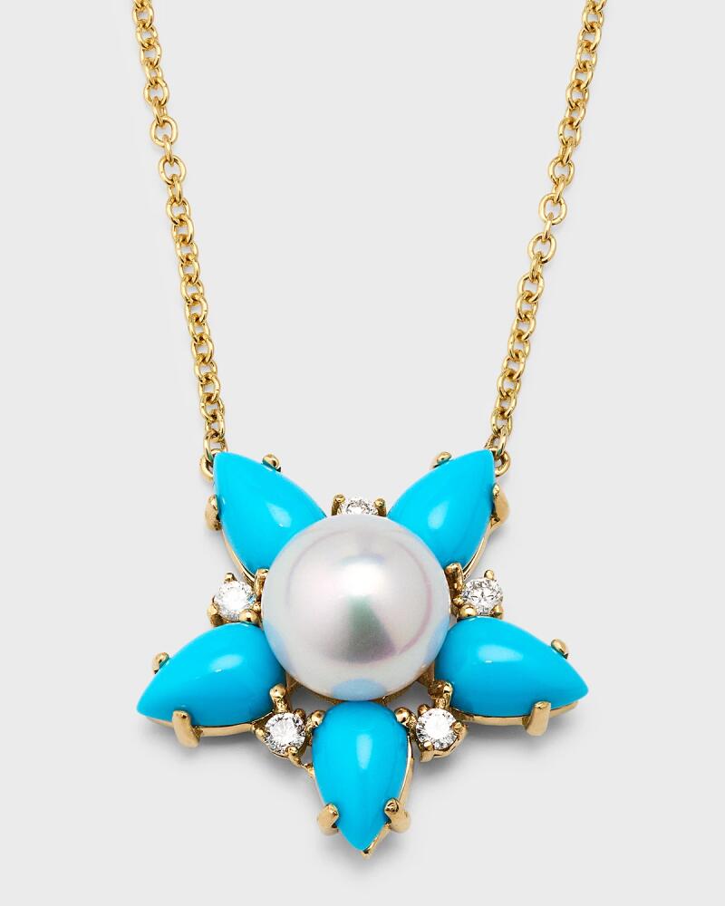 Pearls By Shari 18K Yellow Gold Akoya Pearl, Diamond and Pear Shape Turquoise Necklace, 18"L Cover