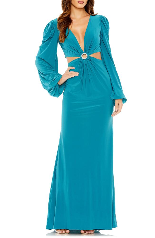 Ieena for Mac Duggal Cutout Long Sleeve Jersey Column Gown in Ocean Blue Cover