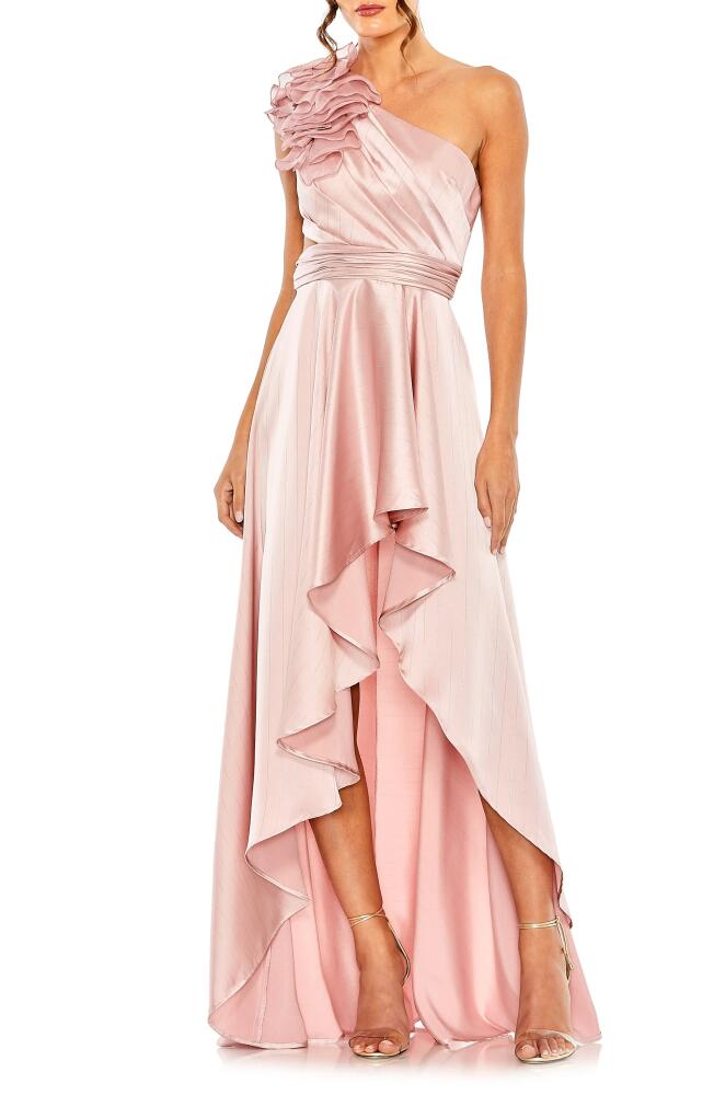 Ieena for Mac Duggal Ruffle Cutout One-Shoulder High-Low Satin Gown in Rose Cover