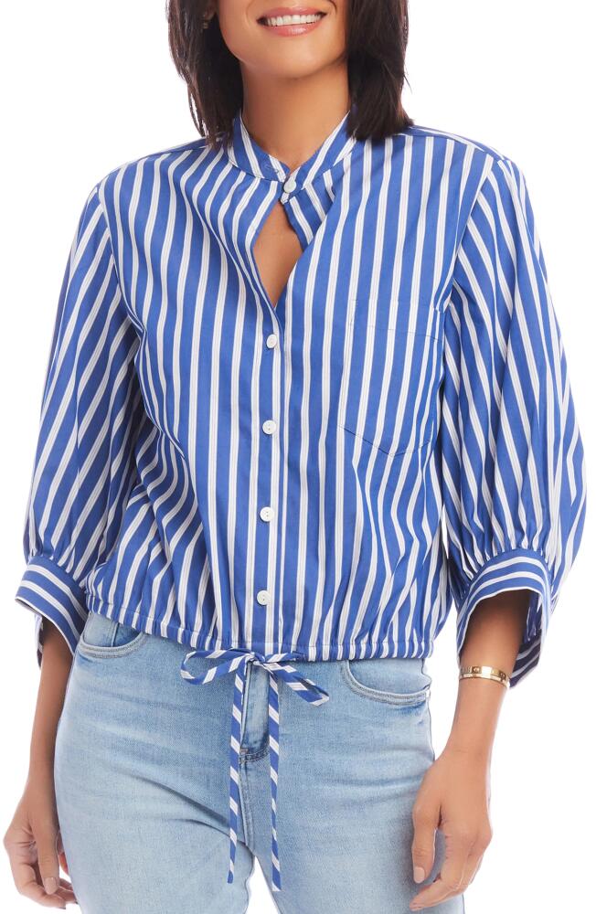 Karen Kane Stripe Tie Hem Cotton Blend Button-Up Shirt in Indigo Cover