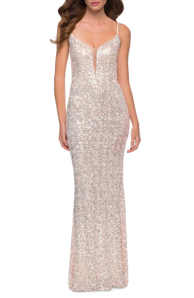 La Femme Deep V-Neck Sequin Gown in Champagne Cover