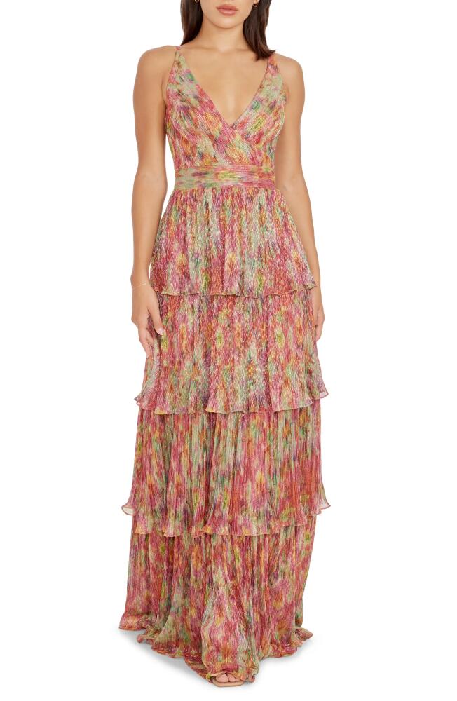 Dress the Population Lorain Abstract Print Metallic Tiered Gown in Bright Fuchsia Multi Cover