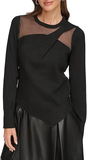 DKNY Long Sleeve Asymmetrical Hem Sheer Sleeve Sweater (Black) Women's Clothing Cover