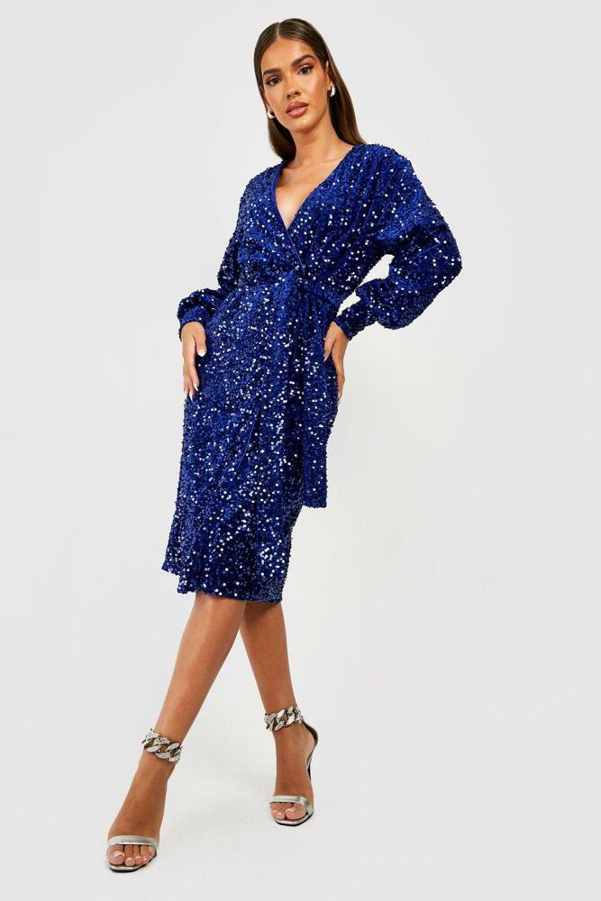 boohoo Womens Sequin Wrap Belted Midi Party Dress - Navy Cover