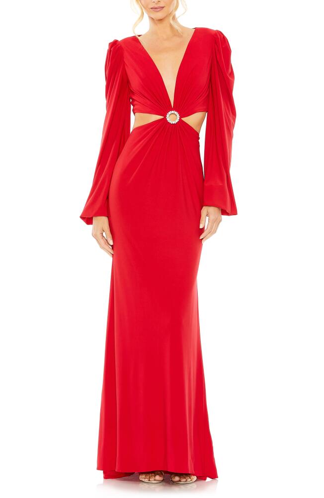 Ieena for Mac Duggal Cutout Long Sleeve Jersey Column Gown in Red Cover