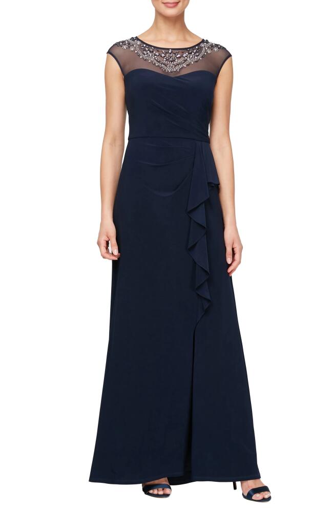 Alex Evenings Embellished Illusion Neck Evening Gown in Navy Cover