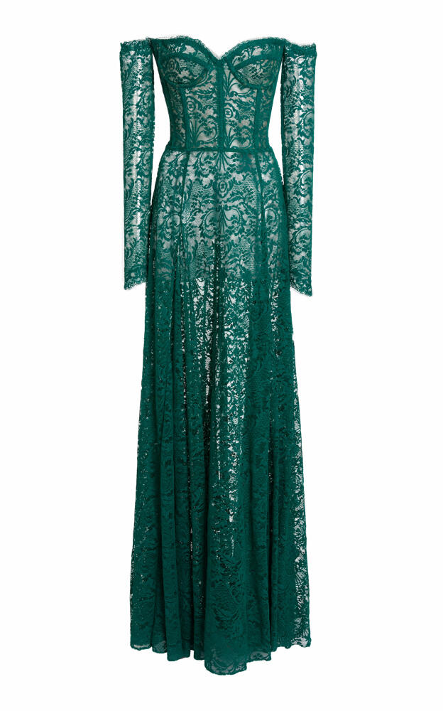 Zuhair Murad - Floral Lace Off-The-Shoulder Bustier Gown - Green Cover