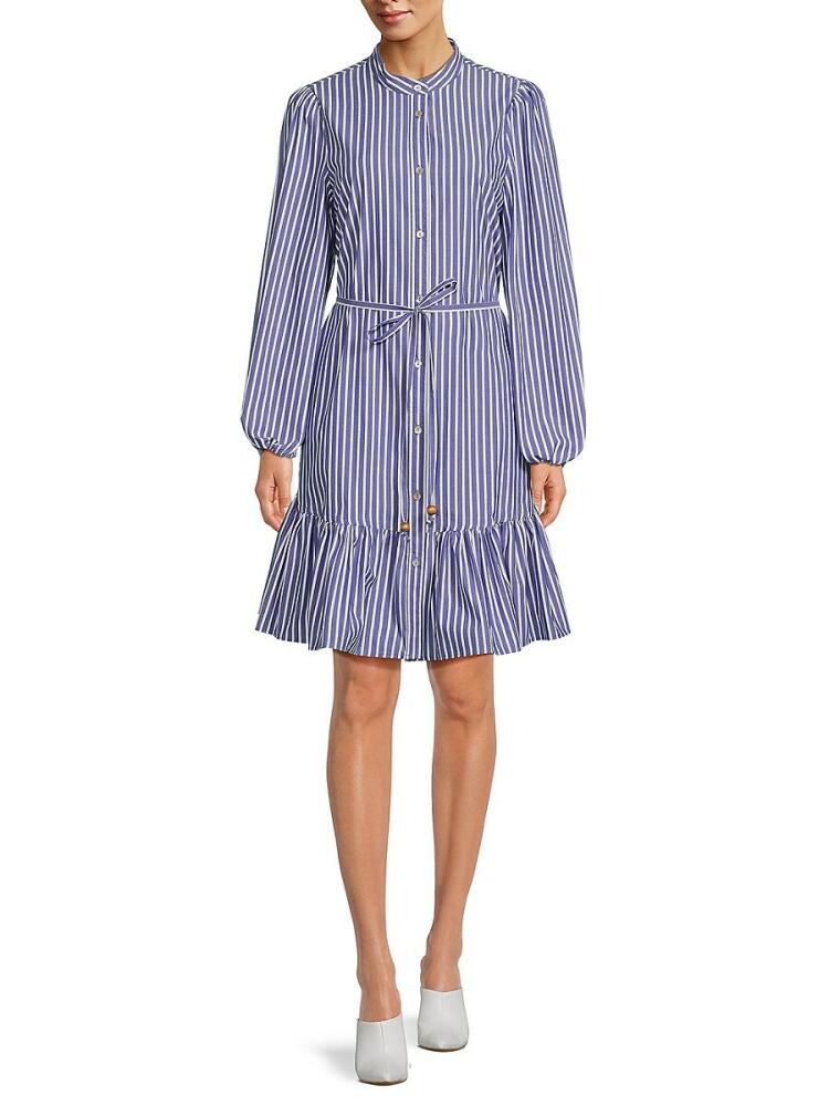 Nicole Miller Women's Striped Belted A-Line Dress - Blue White Cover