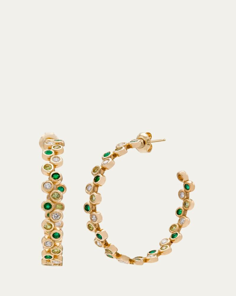 Audrey C. Jewels 14K Yellow Gold Round Floating Hoop Earrings with Diamonds, Emeralds, and Peridot Cover