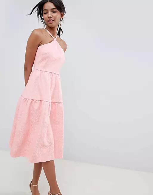 ASOS DESIGN tiered lace prom dress-Pink Cover