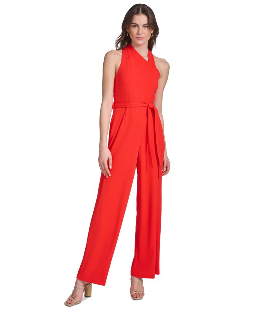 Calvin Klein Women's Belted Flare-Leg Jumpsuit - Tango Cover